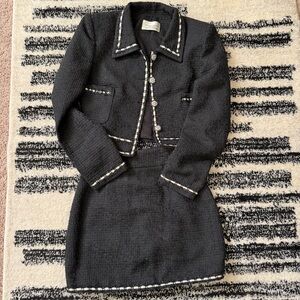 Chanel Style Tiffany Studios Black Tweed Jacket and Skirt Set